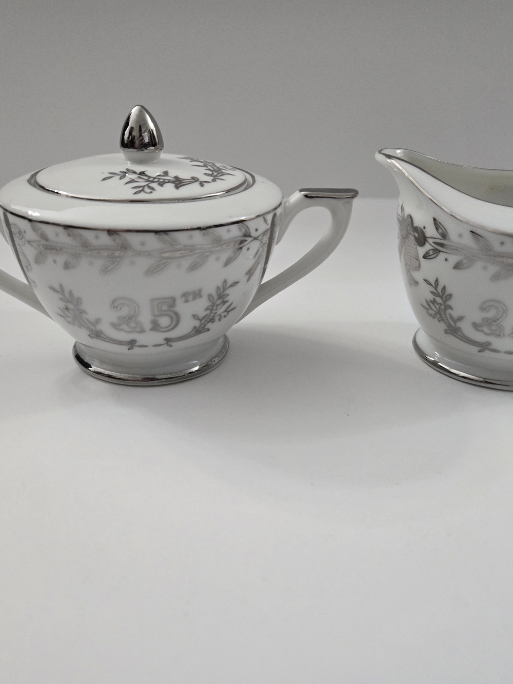 Vintage Lefton China 25th Anniversary Sugar Bowl & Creamer Set #280N Silver Trim